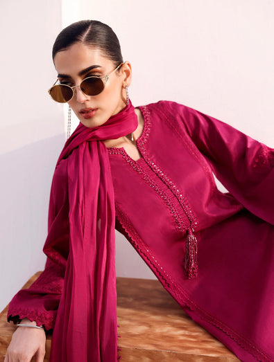 MARIA B - Embroidered Tassel Silk Suit MST-EF26-15-Hot Pink